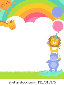 Cute safari cartoon animals with rainbow and cloud background for kids party invitation card template.