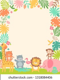 Cute safari cartoon animals and tropical leaves border with copy space for kids party invitation card template.