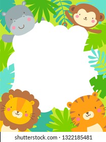 Cute Safari Cartoon Animals Tropical Leaves Stock Vector (Royalty Free ...