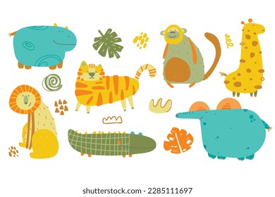 Cute safari elements. Funny exotic African tropical animals, kids jungle characters, childish savannah fauna vector set.  scandinavian style, design of textiles, posters, clothes. Creative nursery