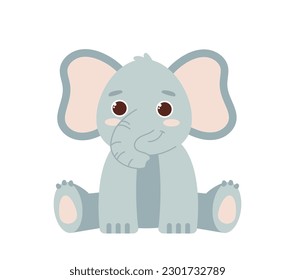 Cute safari elephant. Gray animal with big ears and trunk. Biology and zoology, zoo. Sticker for social networks and messengers. Cartoon flat vector illustration isolated on white background