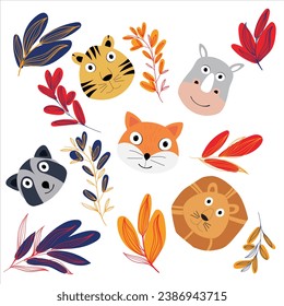 Cute Safari Jungle zoo Animal Elements pet postcard poster print textile mascot kindergarten childcare fabric vector clipart art kids baby school adorable Rhino Lion dog design character drawing