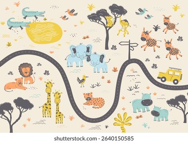 A cute safari map illustration with a winding road, a jeep, and hand-drawn animals. A playful vector design for a nursery wall mural, kids playroom, or childrens book.
