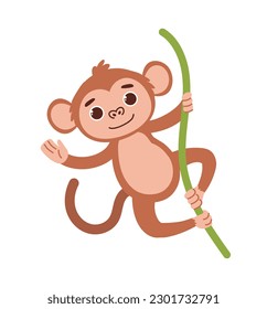 Cute safari monkey. Charming animal hangs on liana and waves its hand. African fauna and wild life, Savannah and jungle, rainforest. Cartoon flat vector illustration isolated on white background