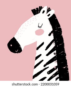 Impresión de vectores de fiesta Safari con Cebra Feliz. Funny White-Black estriba cebra en un fondo rosa claro. Ilustración con animales africanos de estilo infantil. 