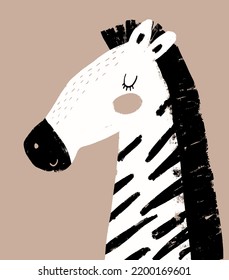 Cute Safari Party Vector Print with Happy Zebra. Funny White-Black Stripes Zebra on a Light Brown Background. Infantile Style Hand Drawn Illustration with African Animal. 