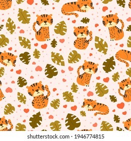 Cute safari Muster mit süßem Tigercharakter in verschiedenen Posen, Ziergegenstände für Betten, Textilien oder Umhüllungspapier auf hellem Hintergrund mit tropischen Blättern