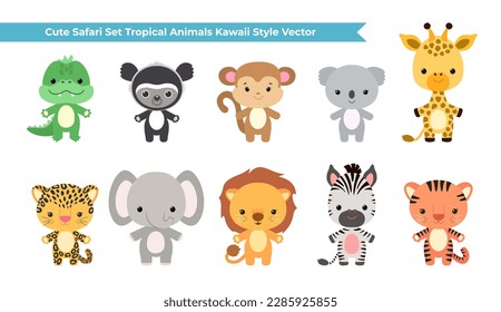 Cute safari set tropical animals kawaii style vector illustration. Cartoon tropical animals leopard, cheetah, giraffe, koala, elephant, lion, tiger, crocodile, zebra, monkey, indri, jaguar, lemur.