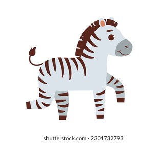 Cute safari zebra. Striped black and white animal. Tropical wild life and fauna. African savannah. Zoology and biology. Cartoon flat vector illustration isolated on white background