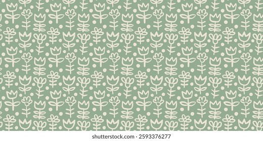 Cute sage green vector floral seamless pattern with simple hand drawn flowers in Scandi minimalist style, doodle botanical background