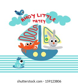 Cute sail boat and lovely animals. Vector illustration