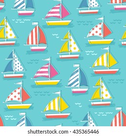 Cute sail boat pattern. Seamless pattern. Marine seamless pattern. Kid nautical illustration. Vector illustration