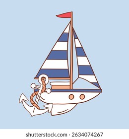 Cute sailboat with anchor. Hand drawn vector ship artwork. Perfect for sticker, tee shirt logo, greeting card, poster or nursery print design. EPS 10 vector file.