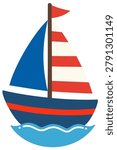 Cute sailboat cartoon illustration floating on gentle blue waves. Minimalist nautical clip art design