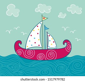 Cute sailboat cartoon vintage hand drawn vector illustration.