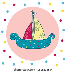 Cute sailboat cartoon vintage hand drawn vector illustration.