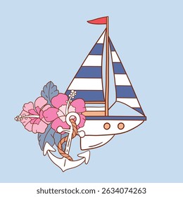 Cute sailboat with hibiscus flower and anchor. Hand drawn vector ship artwork. Perfect for sticker, tee shirt logo, greeting card, poster or nursery print design. EPS 10 vector file.