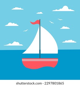 Cute sailboat in sea. Seascape with ship and seagulls. Cartoon vector illustration.