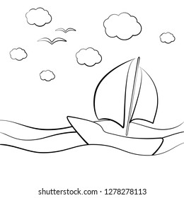 Cute sailboat in the sea waves; black and white graphic vector illustration for posters, postcards and colouring books for children; smooth lines, simple outline design