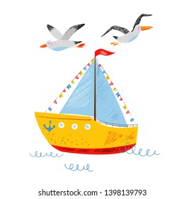 Cute sailboat, seagull and albatross. Cartoon flat marine card. Kids nautical hand drawn vector illustration.Childish background. Isolated white background.