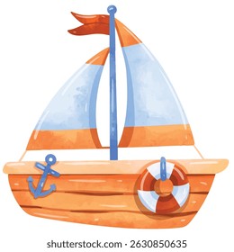 Cute sailboat vector illustration, sailboat clip art, clip art sailboat, watercolor painting style, isolated on white background