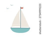 Cute Sailboat Vector Illustration in Flat Style. Cartoon Sailing Boat with Flag on Sea. Nautical Transport Icon. Isolated on Light Background.