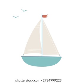 Cute Sailboat Vector Illustration in Flat Style. Cartoon Sailing Boat with Flag on Sea. Nautical Transport Icon. Isolated on Light Background.
