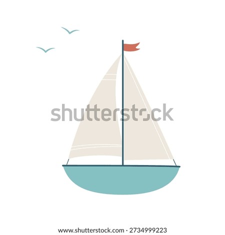 Cute Sailboat Vector Illustration in Flat Style. Cartoon Sailing Boat with Flag on Sea. Nautical Transport Icon. Isolated on Light Background.