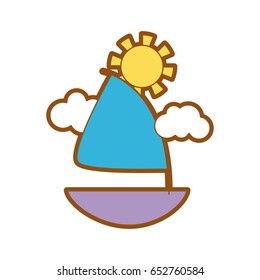 cute sailing boat with clouds and sun
