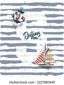 Cute sailing boat with grunge striped background abstract vector print for children wear