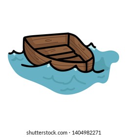 Cute sailing boat on waves cartoon vector illustration motif set. Hand drawn isolated nautical elements clipart for seafaring blog, wooden graphic, boating web buttons.