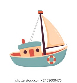 Cute sailing ship. Marine transport clipart. Vector illustration isolated on white background.