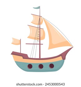 Cute sailing ship. Marine transport clipart. Vector illustration isolated on white background.