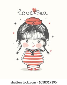 Cute sailor baby girl.hand drawn vector illustration