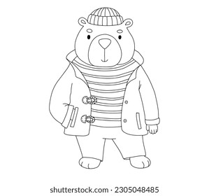 Cute sailor bear dressed in vest, hat and yellow fishing jacket. Funny watercolor illustration of child character isolated on white background