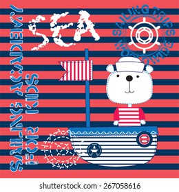 cute sailor bear on board, T-shirt design, striped background vector illustration