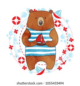 Cute sailor bear in striped sailor suit with ship toy in paws. Vector watercolor. Bubbles, flowers, lifebuoy.