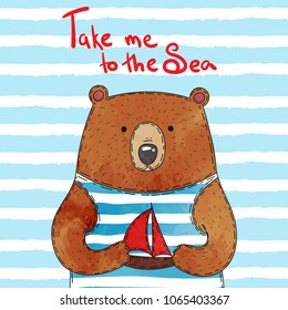 Cute sailor bear in striped sailor suit with ship toy in paws. Vector watercolor. Striped background. Childish, cartoon style. 