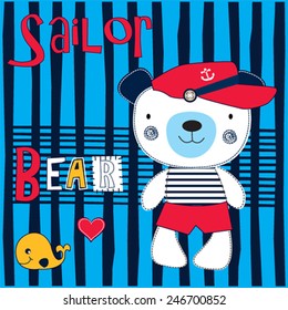 cute sailor bear with whale striped background vector illustration