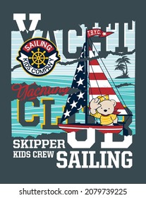 Cute sailor bear yacht club cartoon vector nautical patchwork print for children wear t shirt