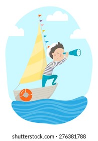 Cute Sailor Boy Floats On Small Boat. Vector Illustration.