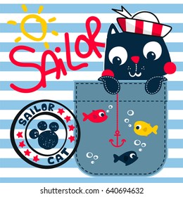 Cute sailor cat holding an anchor in the pocket on blue and white striped background illustration vector.