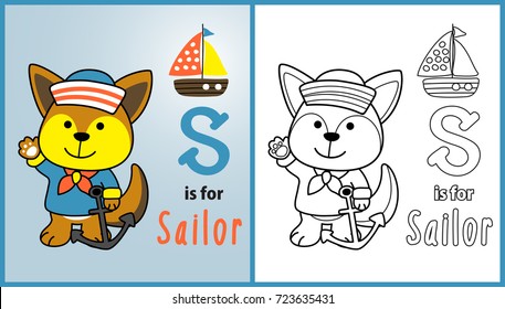 Cute in sailor costume holding anchor with sailboat, vector cartoon illustration, coloring page or book