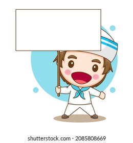 Marinero lindo con personaje de caricatura de chibi de tablero vacío