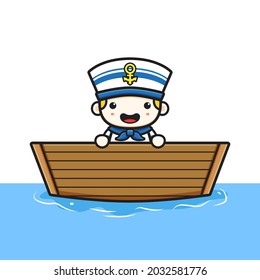 Cute sailor get on the boat cartoon icon illustration. Design isolated flat cartoon style