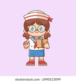 Cute sailor girl wear uniform taking note kawaii chibi character mascot illustration set