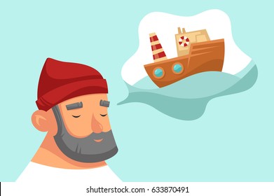 Marinero lindo con barba gris en sombrero rojo. Está enamorado. Cerca de él hay una nube con un bote adentro. Ilustración de dibujos animados de Vector. Carácter