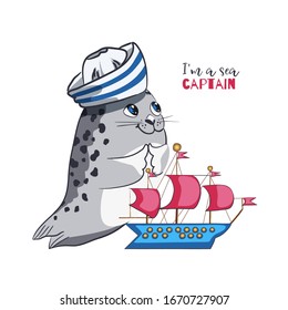 Cute sailor, hand drawn seal pup in a captain's cap and a boat with red sails. Vector cartoon t-shirt design