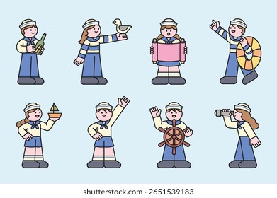 Cute sailor kids character set doing various sea-related actions. Vector illustration of boys and girls in nautical uniforms on light blue background.
