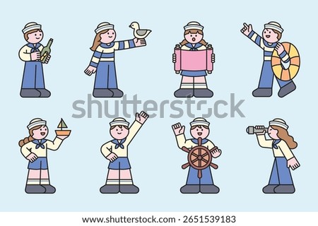 Cute sailor kids character set doing various sea-related actions. Vector illustration of boys and girls in nautical uniforms on light blue background.